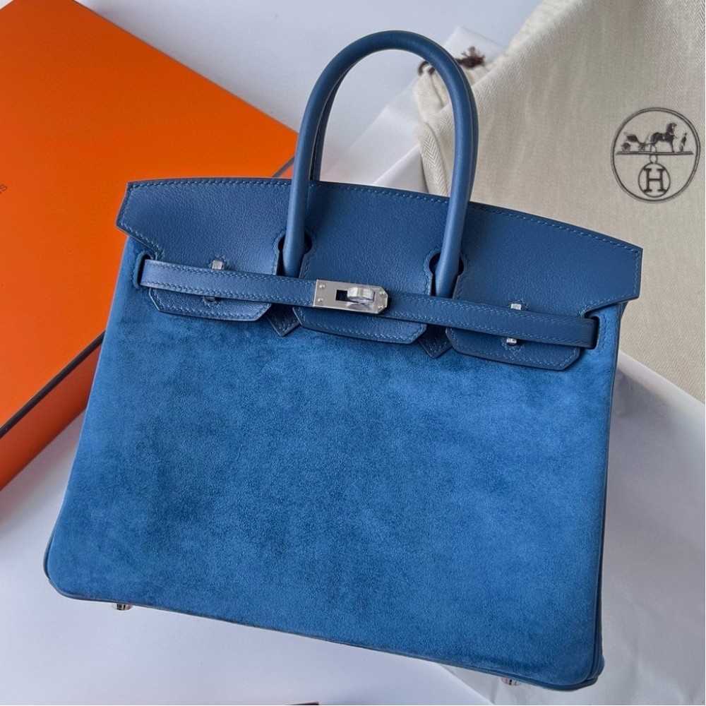 Hermes Birkin 25 Grizzly Bag in Blue Veau Doblis and Swift Leather