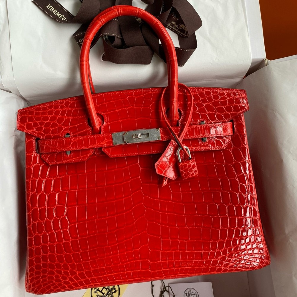 Hermes Birkin 25 Handmade Bag In Red Crocodile Niloticus Shiny Skin