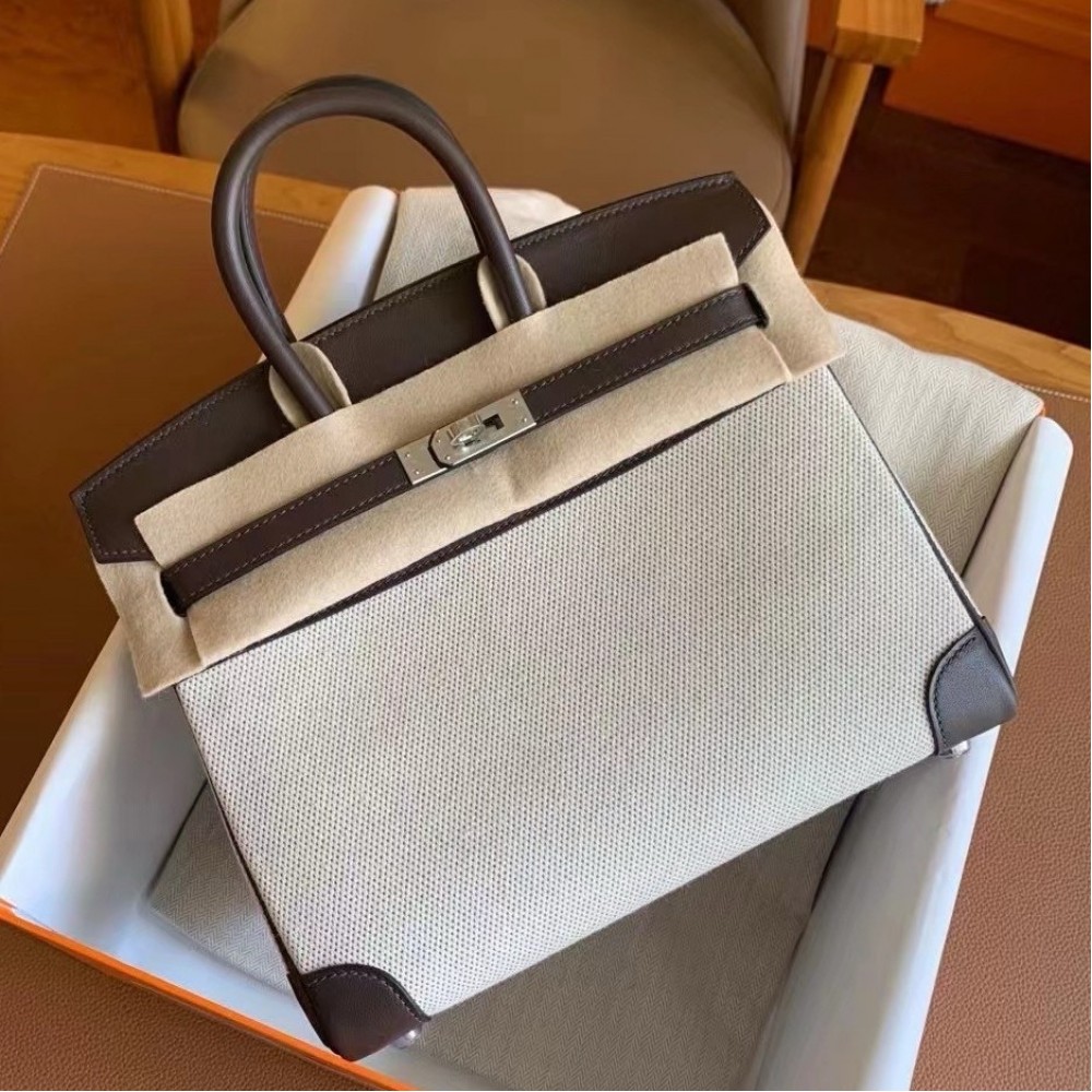 Hermes Birkin 25 Handmade Bag In Toile & Chocolat Swift Leather