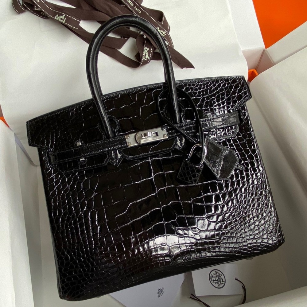 Hermes Birkin 25 Retourne Handmade Bag In Black Shiny Alligator Leather