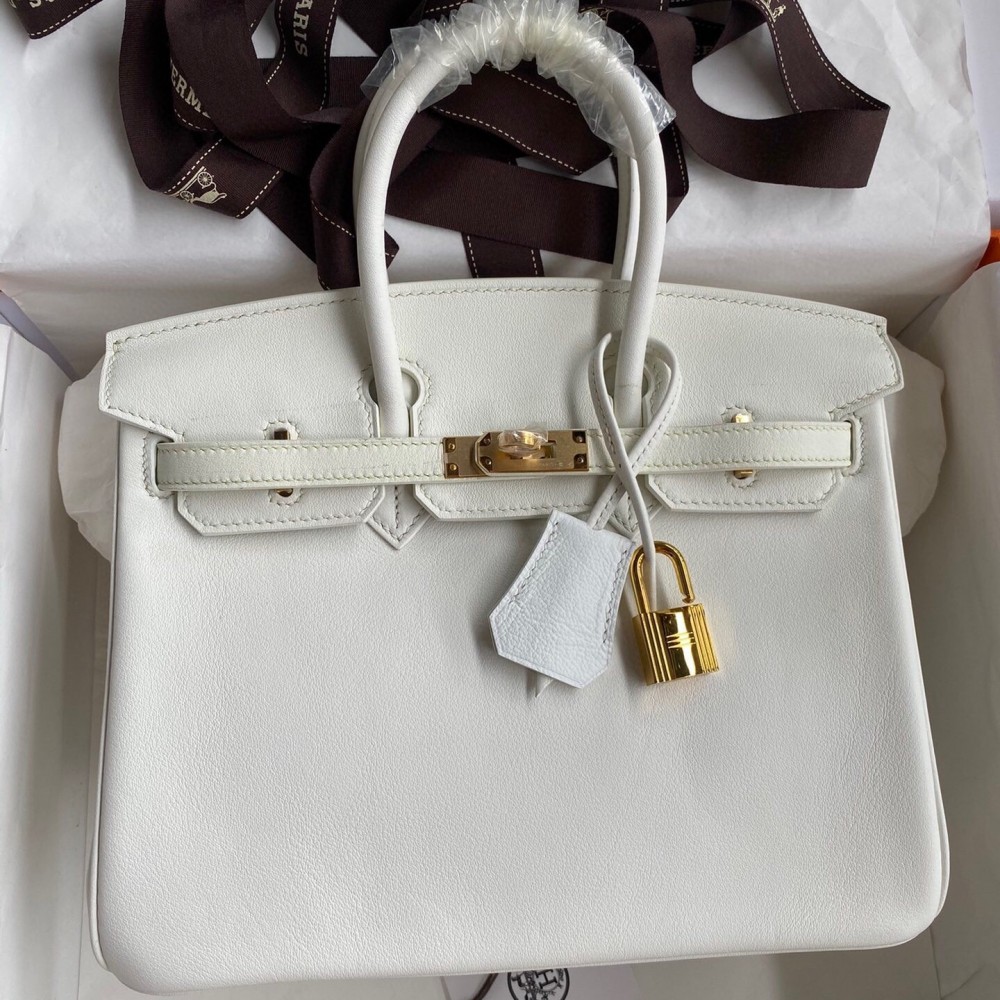 Hermes Birkin 25 Retourne Handmade Bag In White Swift Calfskin