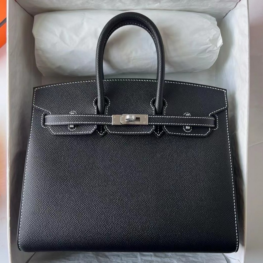 Hermes Birkin 25 Sellier Handmade Bag In Noir Epsom Calfskin