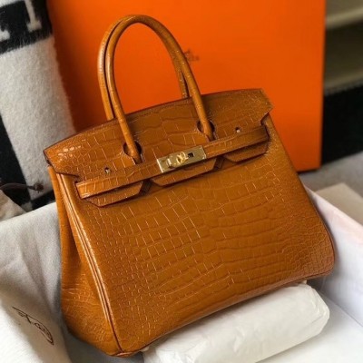 Hermes Birkin 25cm Bag In Gold Embossed Crocodile Leather