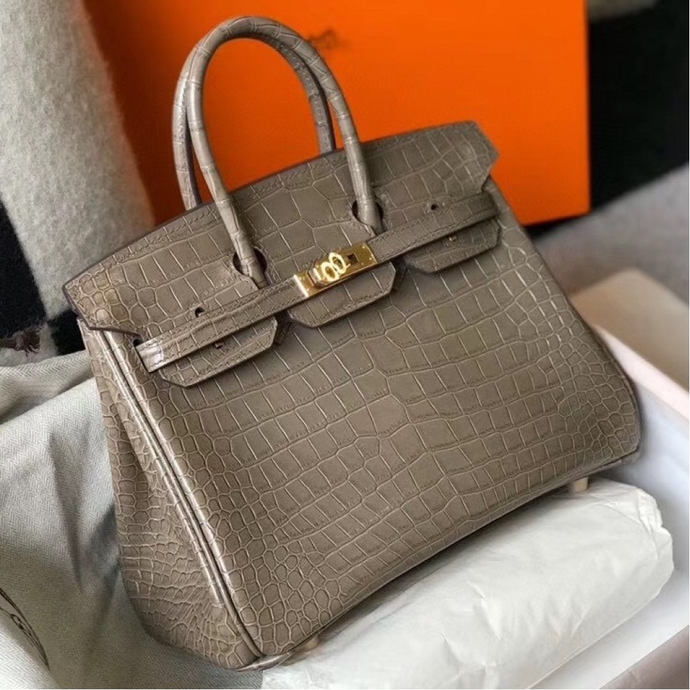 Hermes Birkin 25cm Bag In Taupe Embossed Crocodile Leather