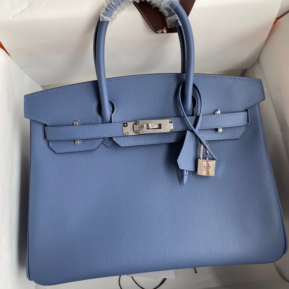 Hermes Birkin 30 Retourne Handmade Bag in Blue Agate Epsom Calfskin