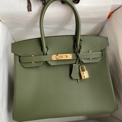 Hermes Birkin 30 Retourne Handmade Bag In Green Clemence Leather