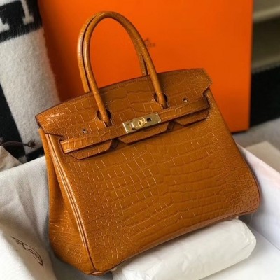 Hermes Birkin 30cm Bag In Gold Embossed Crocodile Leather