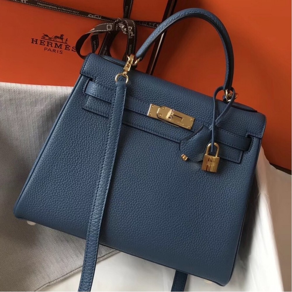 Hermes Blue Agate Clemence Kelly 28cm Bag