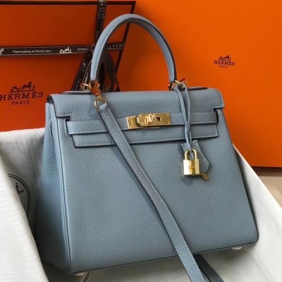 Hermes Blue Lin Clemence Kelly 25cm GHW Bag