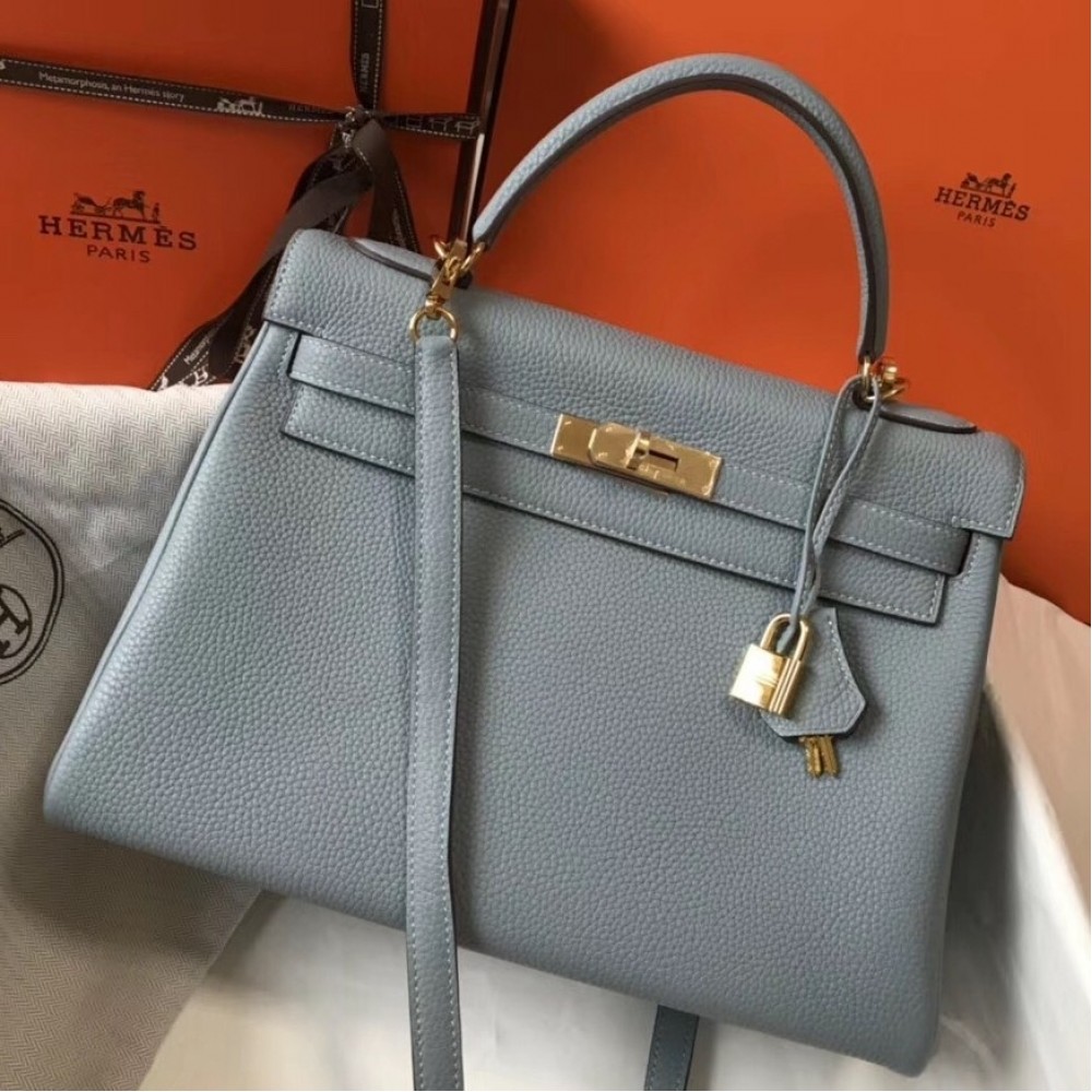 Hermes Blue Lin Clemence Kelly 32cm Retourne Bag