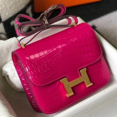 Hermes Constance 18cm Bag In Rose Red Embossed Crocodile