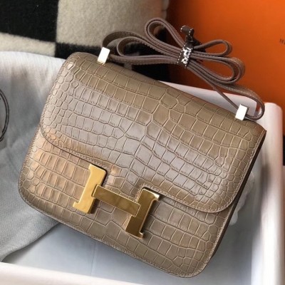 Hermes Constance 18cm Bag In Taupe Embossed Crocodile