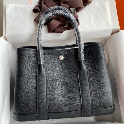 Hermes Garden Party 30 Handmade Bag in Black Clemence Leather