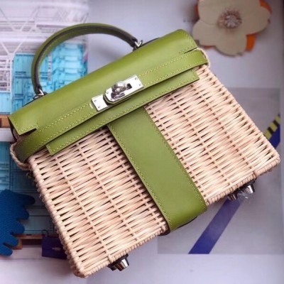 Hermes Green Picnic Kelly Mini 20cm Wicker Bag