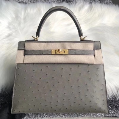 Hermes Gris Asphalt Ostrich Kelly 25cm Handmade Bag