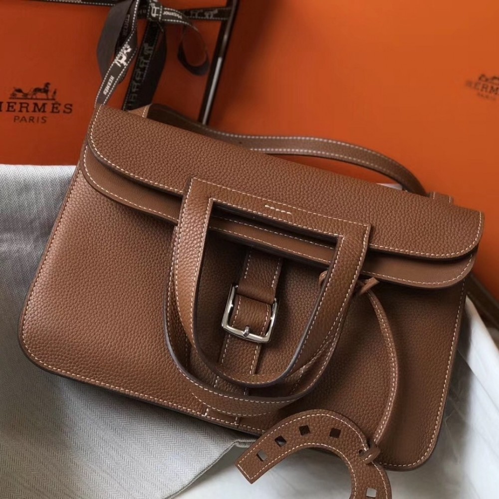 Hermes Halzan Bag In Brown Clemence Leather