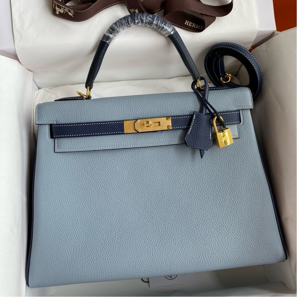 Hermes HSS Kelly 32 Bicolor Bag in Blue Lin and Blue Clemence Leather