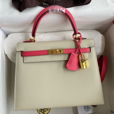 Hermes HSS Kelly Sellier 25 Bag in Craie and Rose Lipstick Epsom Calfskin