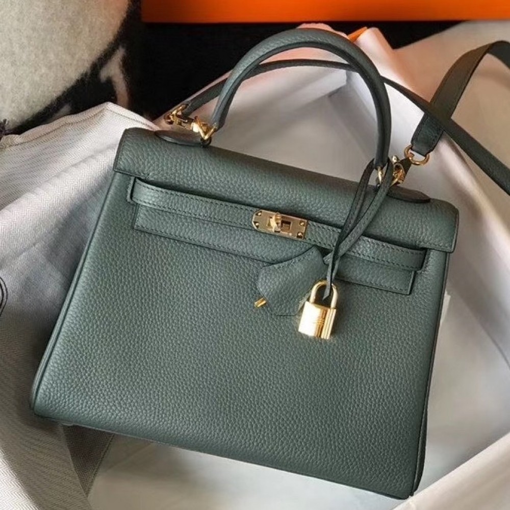 Hermes Kelly 25cm Retourne Bag In Vert Amande Clemence Leather