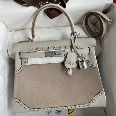 Hermes Kelly 28 Ghillies Grizzly Bag in Pearl Grey Evercolor and Grey Veau Doblis