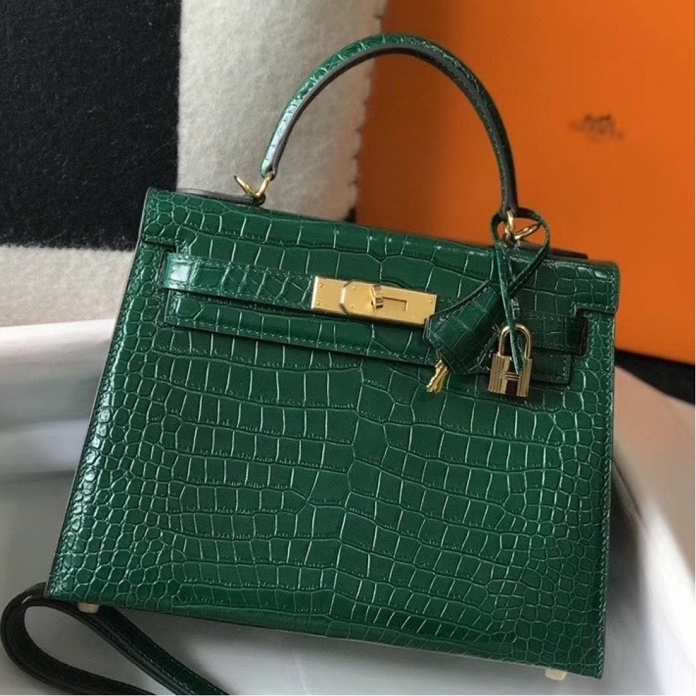 Hermes Kelly 28cm Bag In Green Embossed Crocodile GHW