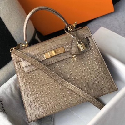 Hermes Kelly 28cm Bag In Taupe Embossed Crocodile GHW