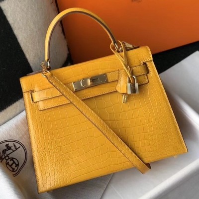 Hermes Kelly 28cm Bag In Yellow Embossed Crocodile GHW