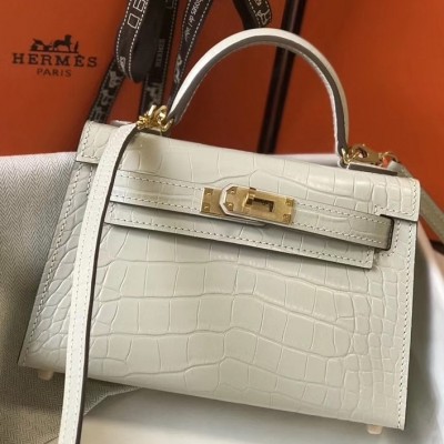 Hermes Kelly Mini II Bag In Beton Crocodile Embossed Leather