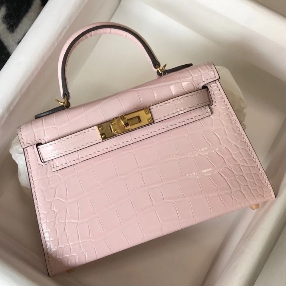 Hermes Kelly Mini II Bag In Rose Dragee Embossed Crocodile Calfskin