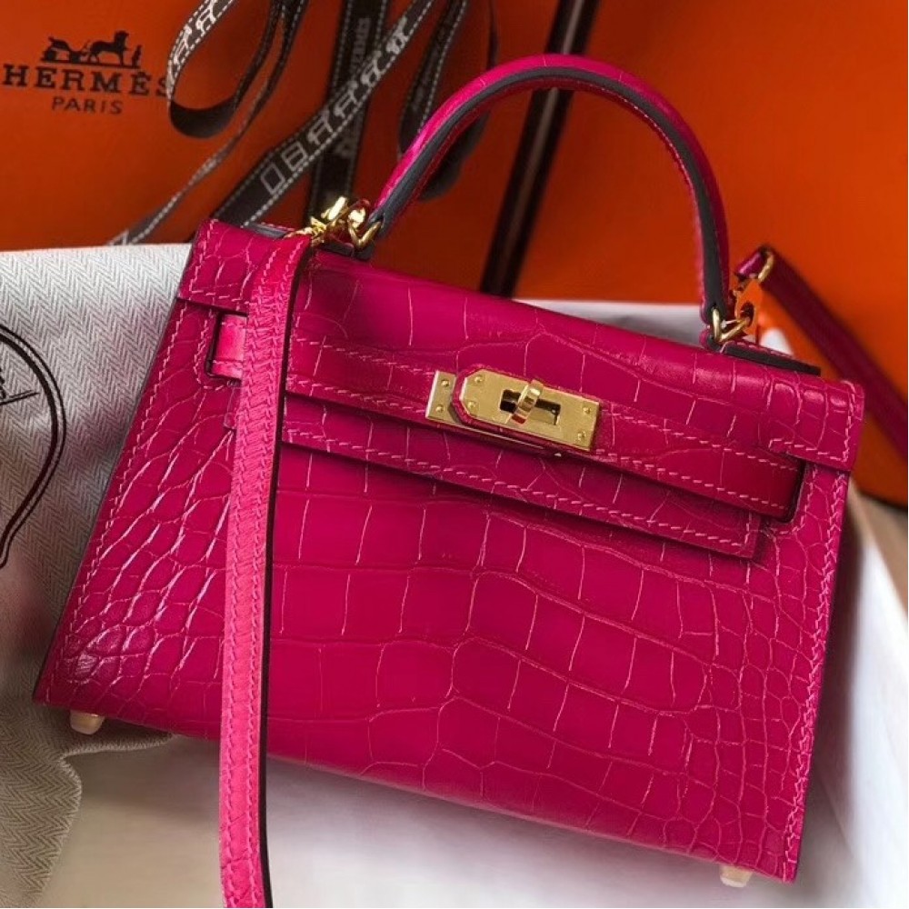 Hermes Kelly Mini II Bag In Rose Red Crocodile Embossed Leather