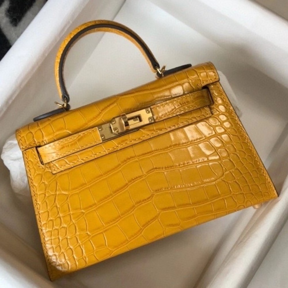 Hermes Kelly Mini II Bag In Yellow Embossed Crocodile Calfskin