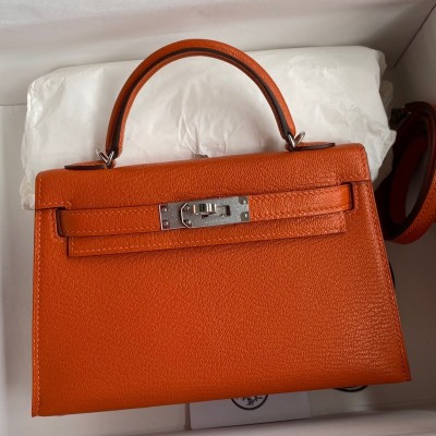 Hermes Kelly Mini II Sellier Handmade Bag In Orange Chevre Mysore Leather