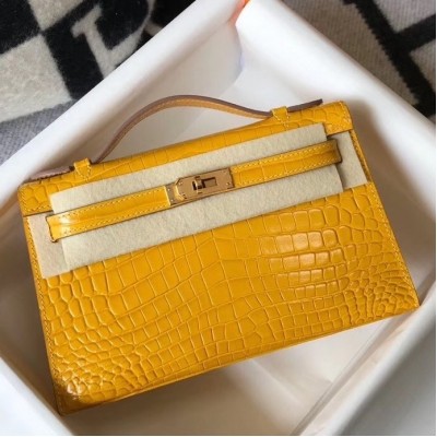 Hermes Kelly Pochette Bag In Yellow Embossed Crocodile Leather