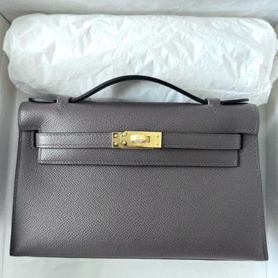 Hermes Kelly Pochette Handmade Bag In Etain Epsom Calfskin