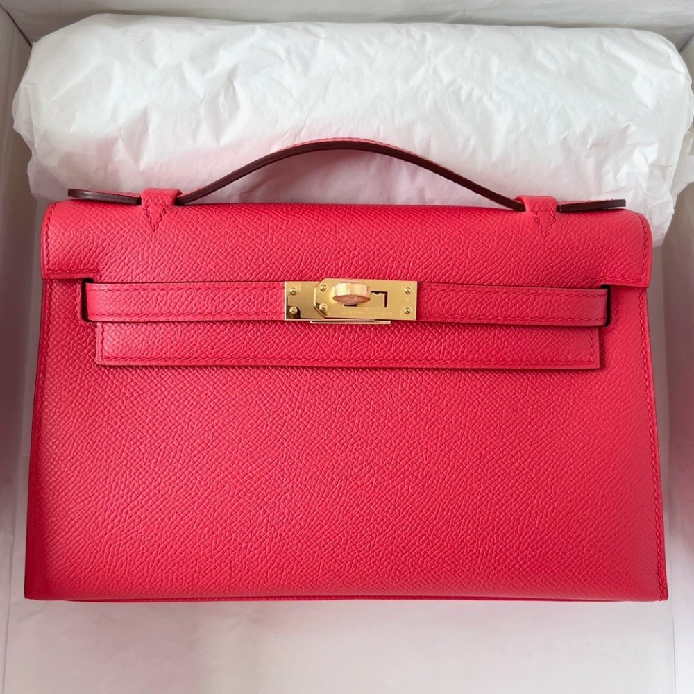 Hermes Kelly Pochette Handmade Bag In Rose Japour Epsom Calfskin