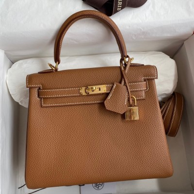 Hermes Kelly Retourne 25 Handmade Bag In Gold Clemence Leather