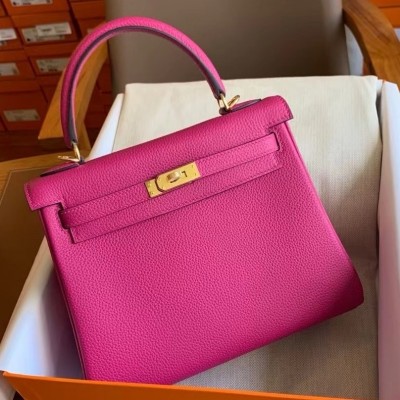 Hermes Kelly Retourne 25 Handmade Bag In Rose Purple Clemence Leather