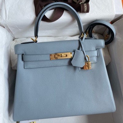 Hermes Kelly Retourne 28 Handmade Bag in Blue Lin Evercolor Calfskin