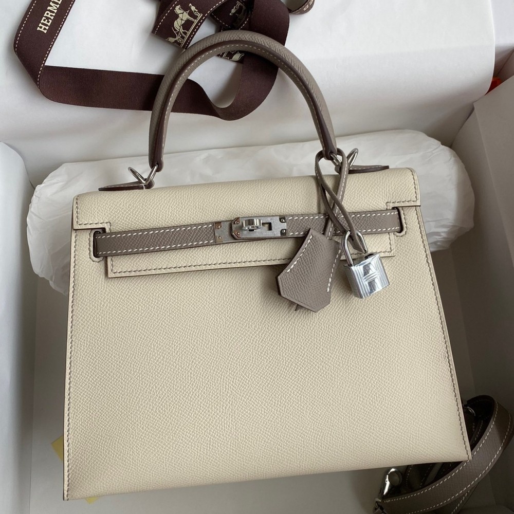 Hermes Kelly Sellier 25 Bicolor Bag in Craie and Gris Asphalt Epsom Calfskin