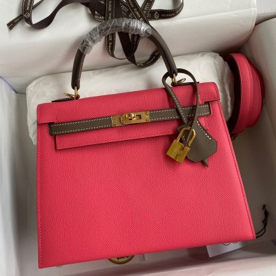 Hermes Kelly Sellier 25 Bicolor Bag in Rose Extremea nd Taupe Epsom Calfskin