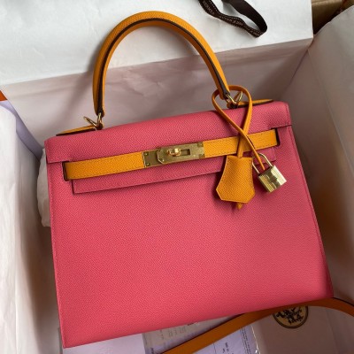 Hermes Kelly Sellier 28 Bicolor Bag in Rose Lipstick and Yellow Epsom Calfskin