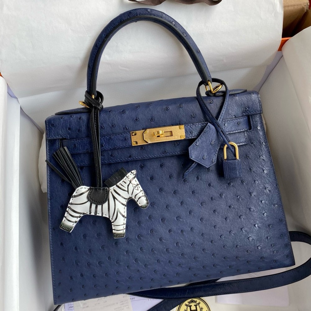 Hermes Kelly Sellier 28 Handmade Bag In Blue Iris Ostrich Leather