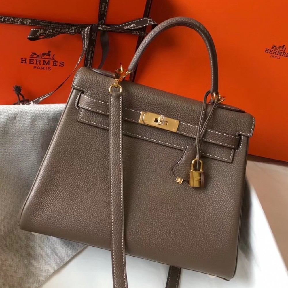 Hermes Taupe Clemence Kelly 32cm Retourne Bag