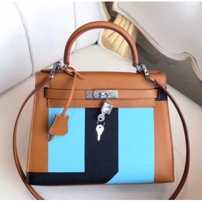 Hermes Multicolor Stripes Kelly 28cm Brown Bag