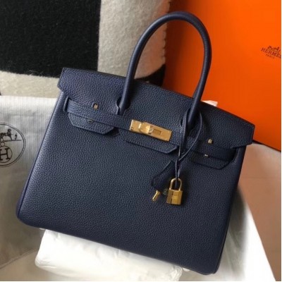 Hermes Navy Blue Clemence Birkin 30cm Bag