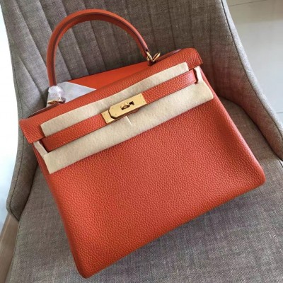 Hermes Orange Clemence Kelly Retourne 32cm Handmade Bag