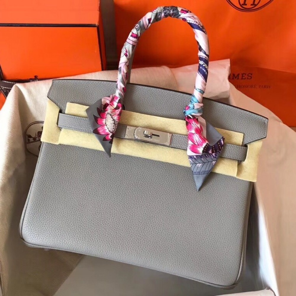 Hermes Pearl Grey Birkin 30cm Clemence Handmade Bag