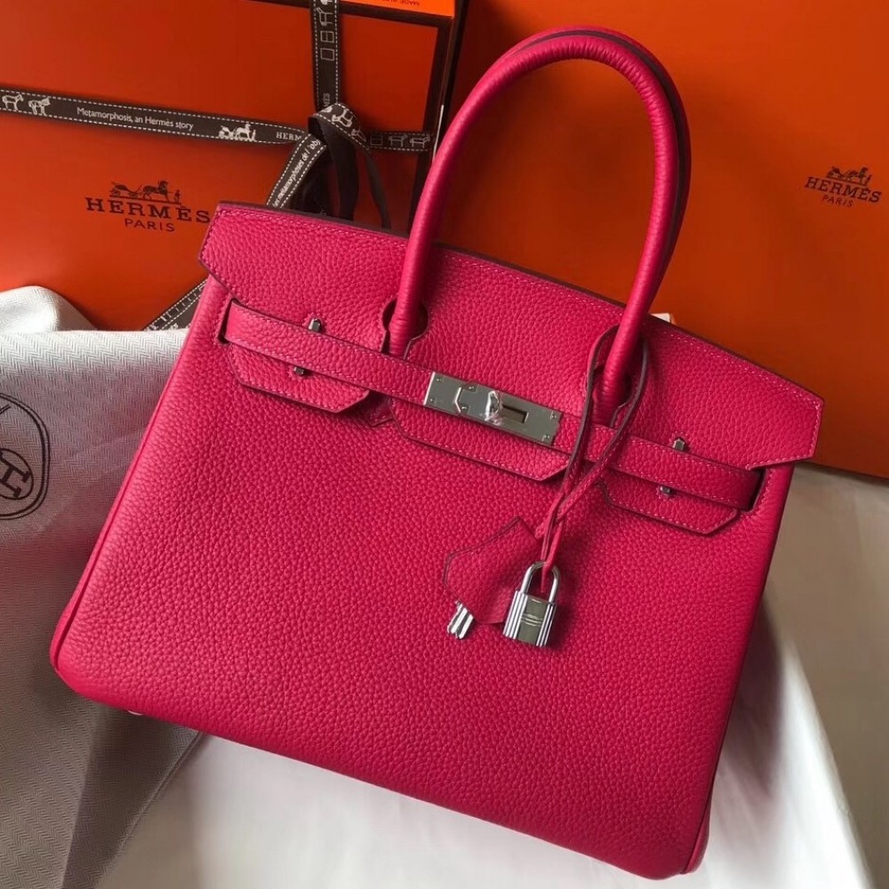 Hermes Rose Red Clemence Birkin 30cm Bag