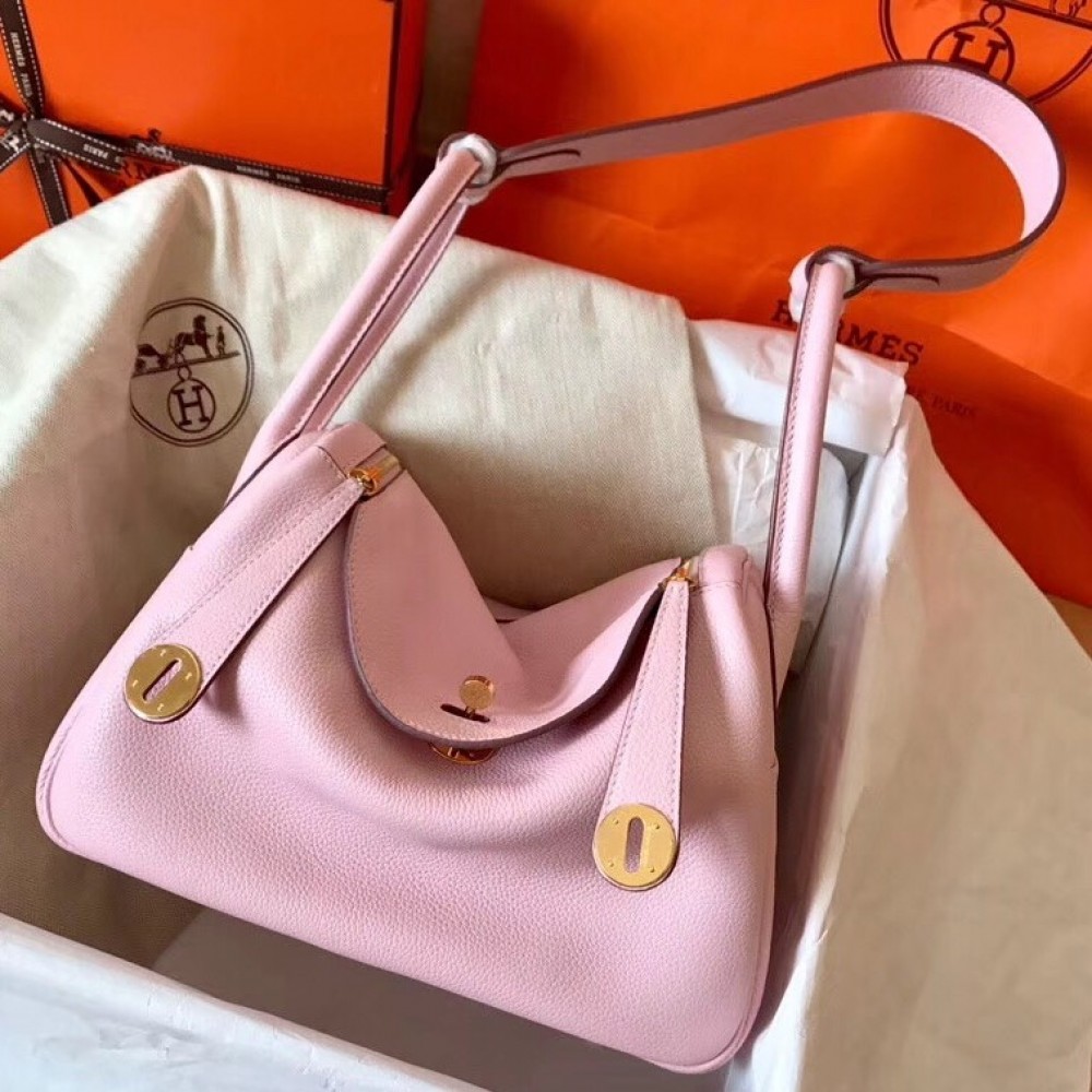 Hermes Rose Dragee Lindy 30cm Clemence Handmade Bag