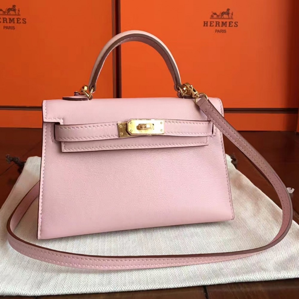 Hermes Rose Dragee Swift Kelly Mini II Handmade Bag